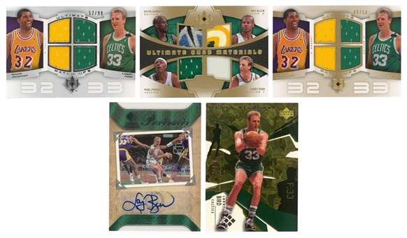 2003-2008 Upper Deck Larry Bird Premium Cards Quintet (5 Different) – Featuring 2007-08 SP Autograph and 2007-08 Ultimate Collection Quad Jersey Patch (#5/5)